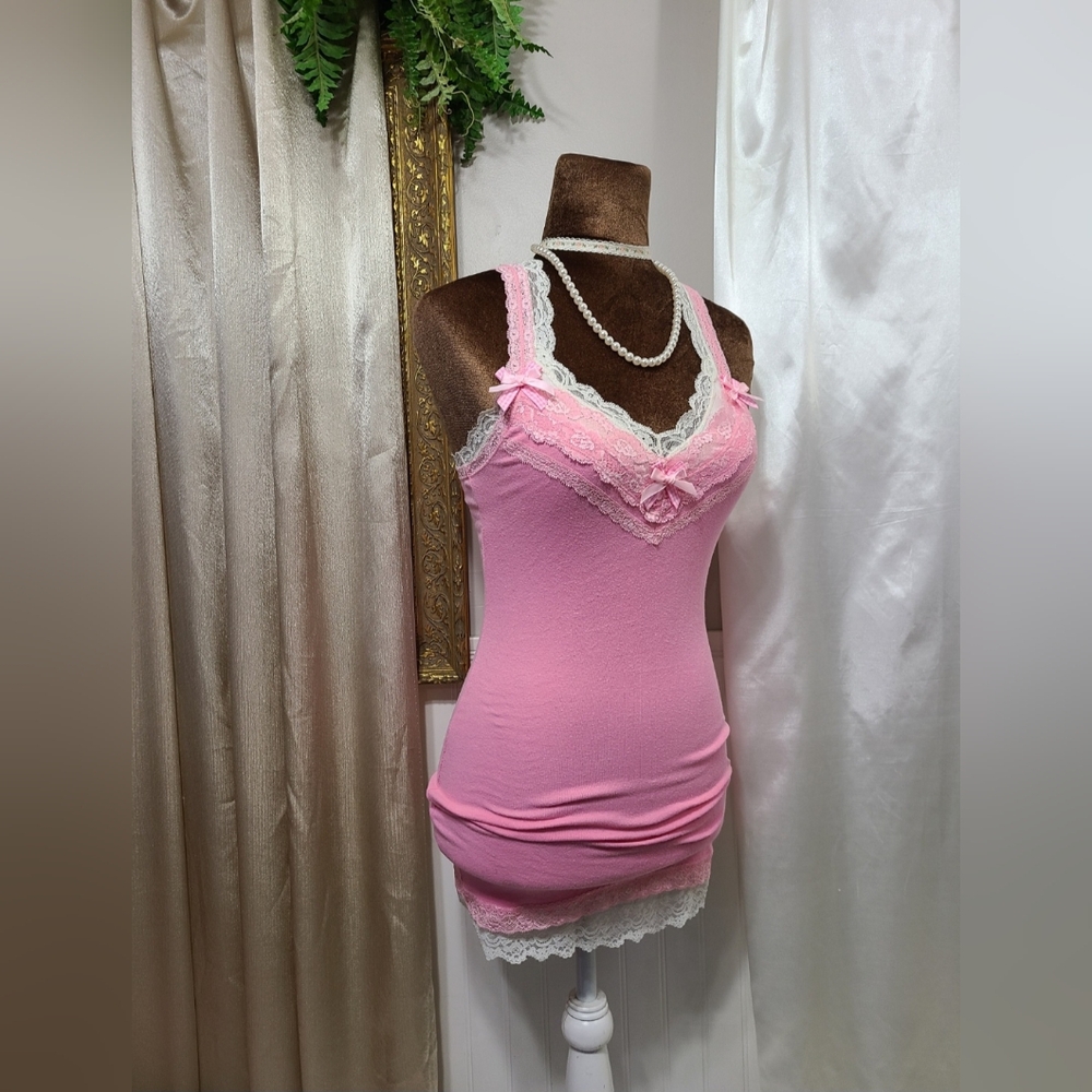 ♡ Y2K ♡ Hollister Baby Pink Lace Cami Satin Bow Coquette Tank Top - Picture 3 of 11
